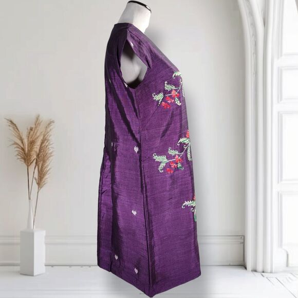 Vintage 60s Embroidered Sharkskin Shift Dress Size L Cap Sleeve Purple Mexican - Picture 6 of 16